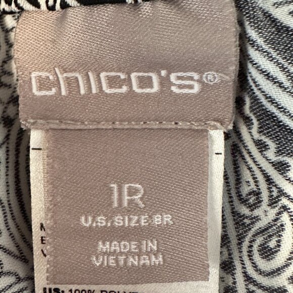 Chicos Size 1 /US Size 8 Pull On Pants Elastic Waist Black White Paisley Pockets - Picture 2 of 11